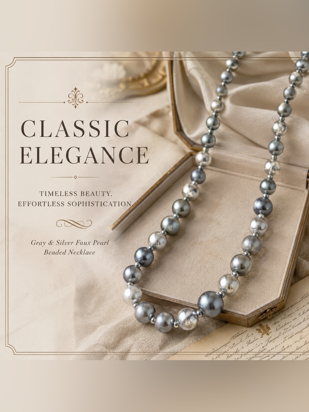 Gray & Silver Faux Pearl Beaded Statement Necklace | Classic Long Strand